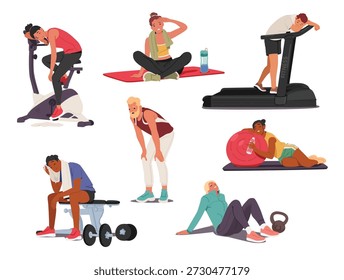 Exhausted workout design set with tired people diverse fitness cartoon characters doing sport. Fatigued male and female gym athletes and runners feeling overdriven after exercising vector illustration