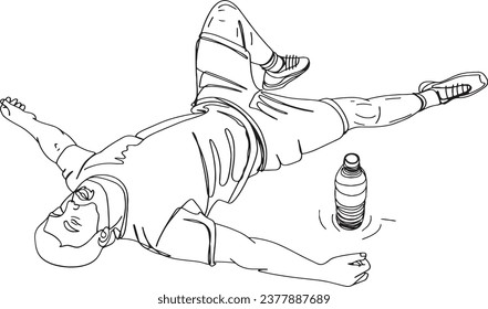 Exhausted Workout Humor: Cartoon Illustration of Chubby Boy Resting on the Grass, Tired Fat Man Post-Exercise on Gym Mat - Cartoon Vector Illustration, Funny Fat Man Resting on Fitness Mat - Cartoon 