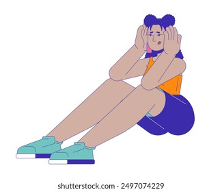 Exhausted worried latina woman holding head 2D cartoon character. Desperate looking hispanic female isolated flat vector person white background. Migraine anxious color spot illustration