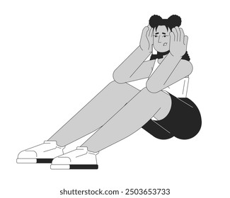 Exhausted worried latina woman holding head black and white 2D line cartoon character. Desperate looking hispanic girl isolated vector outline person. Migraine anxious monochromatic spot illustration