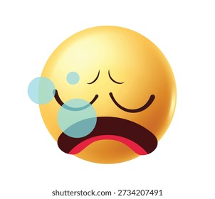 Emoji amarillo agotado pintando con burbujas