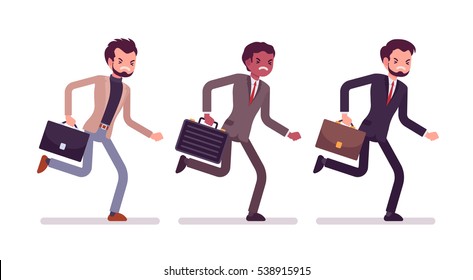 Exhausted young businessmen running, dynamic race every day, trying to get success and beat business rivals, brave challenger, fast and furious managers, agressive and brisk