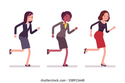 Exhausted young businesswoman wearing formal wear running full speed ahead every day in a hurry, managing family and business, angry and focused forward