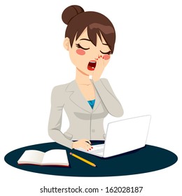 Exhausted young businesswoman yawning at work while using laptop