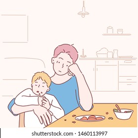 exhausted young dad sitting with his kid on kitchen on early morning and trying to feed. Hand drawn style vector design illustrations.