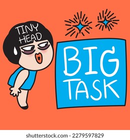 Exhausted Young Female Office Worker With Her Tiny Head Standing Besides A Square Shaped Big Task Concept Card Character illustration