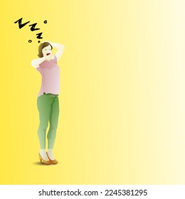 An exhausted young girl yawn while standing, with blank space for text. Hand drawn vector illustration.