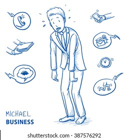 Exhausted young man in business suit sweating and panting. Hand drawn line art cartoon vector illustration.