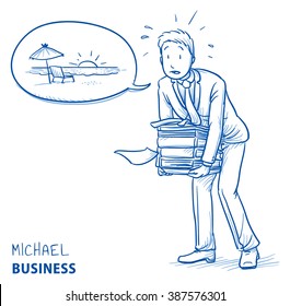 Exhausted young man in business suit carrying a heavy pile of documents and talking about vacation. Hand drawn line art cartoon vector illustration.