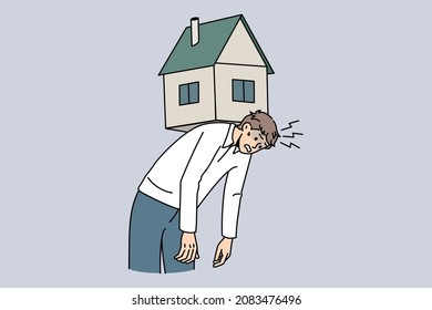 Exhausted young man carry house on back suffer from bank mortgage or lease burden. Tired male struggle with financial payment, home expenses, bills and taxes. Flat vector illustration.