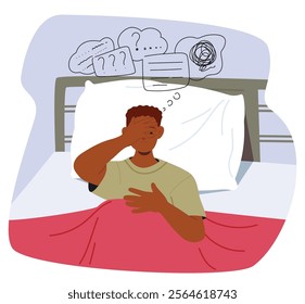 Exhausted young man cartoon character having sleepless problem suffering from frustration and hard thoughts scene. Tired male personage lying in bed feeling trouble with sleeping vector illustration