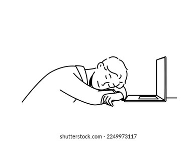 Exhausted young man fall asleep on desk near computer. Tired male employee nap at table in office. Work burnout and fatigue. Vector illustration. 