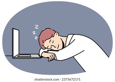 Exhausted young man fall asleep on desk near computer. Tired male employee nap at table in office. Work burnout and fatigue. Vector illustration.