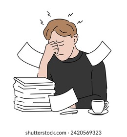 Exhausted young man with pile of documents. Burnout and stress. Hand drawn vector illustration