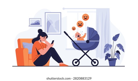 Exhausted young mother sitting on floor looking at phone while crying baby in blue stroller expresses frustration and distress at home.