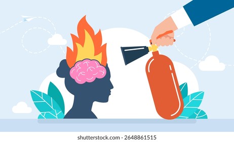 Uma jovem exausta com o cérebro em chamas. Apague o fogo na cabeça. Um homem com um extintor de incêndio extingue um incêndio em um cérebro em chamas.  Desgaste e problema emocional, doença mental. Ilustração vetorial