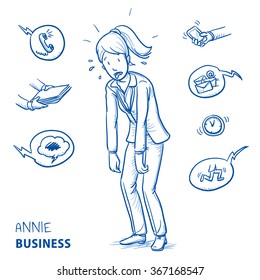 Exhausted young woman in business clothes sweating and panting. Hand drawn line art cartoon vector illustration.