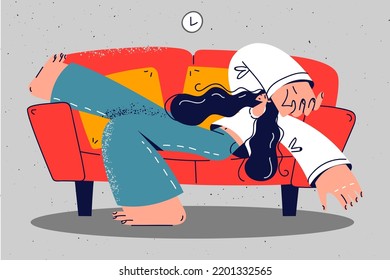 Exhausted young woman lying on couch at home sleeping or taking nap. Tired girl relax daydream on sofa indoors. Relaxation concept. Vector illustration. 