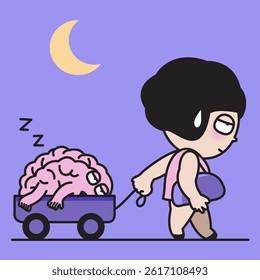 Exhausted Young Woman Pulling Wagon Cart With Her Tired Brain In It Concept Cartoon Character illustration