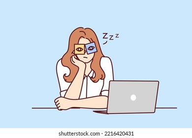 Exhausted Young Woman Sit At Desk Work On Computer Overwhelmed With Office Job. Tired Girl Feel Sleepy Overwork At Workplace. Fatigue Concept. Vector Illustration. 