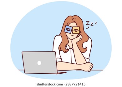 Exhausted young woman sit at desk work on computer overwhelmed with office job. Tired girl feel sleepy overwork at workplace. Fatigue concept. Vector illustration.