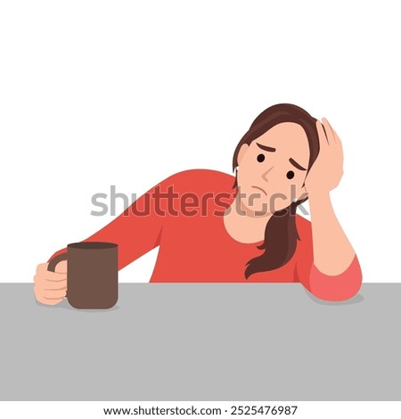 Exhausted young woman sit at table drink coffee feel fatigue or drowsiness. Flat vector illustration isolated on white background