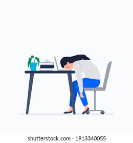 Exhausted young woman at work. Burnout at work, working at home or office, telework, freelance. Vector flat illustration.