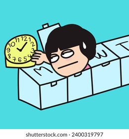 Exhausted Young Worker Woman Taking Clock Pills From Pillbox On TuesdayConcept Card Character illustration