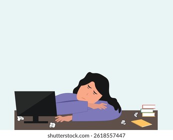 Exhausted young  working female employe sleeping on computer table while working in office. Frustrated female office worker having a long tired working day. Mental health problem, vector  illustration
