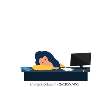 Exhausted young  working female employe sleeping on computer table while working in office. Frustrated female office worker having a long tired working day. Mental health problem, vector  illustration
