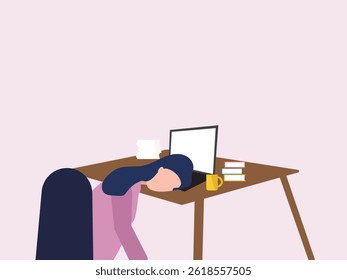 Exhausted young  working female employe sleeping on computer table while working in office. Frustrated female office worker having a long tired working day. Mental health problem, vector  illustration