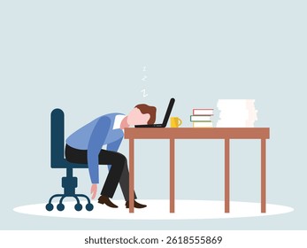 Exhausted young  working male employe sleeping on computer table while working in office. Frustrated male office worker having a long tired working day. Mental health problem, vector  illustration.