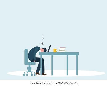 Exhausted young  working male employe sleeping on computer table while working in office. Frustrated male office worker having a long tired working day. Mental health problem, vector  illustration.