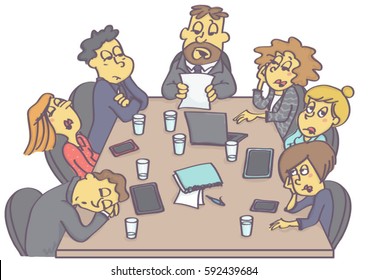 Exhausting business meeting with sleepy employees and boring manager or boss.