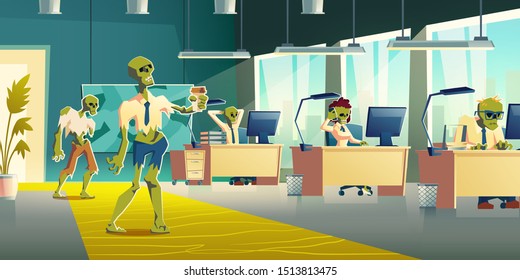 Exhausting office work concept. Female, male zombie characters in ragged clothing, working on computer, using cellphone at desks, walking with coffee cup in office interior cartoon vector illustration