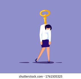 Exhaustion businesswoman in prostration with wind-up key in her back. Overwork and professional burnout metaphor. Isolated on purple. Flat Art Vector Illustration