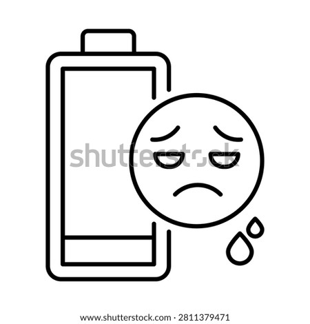 Exhaustion icon. Completely depleted battery next to a tired crying face representing low energy, fatigue, and physical drain. Vector illustration.