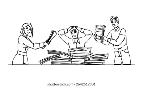 exhaustion overwhelmed employee disarray vector. fatigue distraction, overload frustration, confusion disorganization exhaustion overwhelmed employee disarray character. people black line illustration