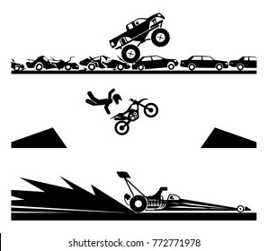 Exhibiting adrenaline sports. Bell Adrenaline Ranch, Drag Racing, Monster truck. Concept of modern extreme adrenaline sports. Vector illustration of motor show.
