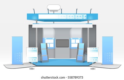 Exhibition advertising stand design with realistic tridimensional stall tv set and exhibit rack with promotional materials vector illustration