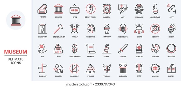 Exhibition antique artifacts culture heritage collection for visitors, school excursion, artwork exhibits of art history gallery. Museum trendy red black thin line icons set vector illustration.