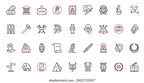 Exhibition antique artifacts culture heritage collection for visitors, school excursion, artwork exhibits of art history gallery. Museum trendy red black thin line icons set vector illustration.