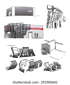 Exhibition of arms, setting up stands. Vector
