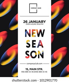 The exhibition art flayer, poster, card or banner. Abstract shapes in the frame with text. Vector design. 