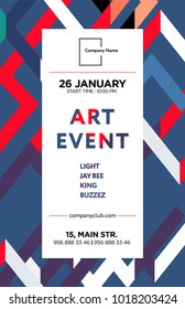 The exhibition art flayer, poster, card or banner. Abstract shapes in the frame with text. Vector design. 