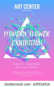 The exhibition art flayer, poster, card or banner. Abstract shapes in the frame with text. Vector design. 