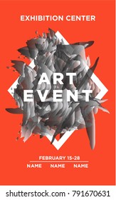 The exhibition art flyer, poster, card or banner. Abstract shapes in the frame with text. Vector design. 