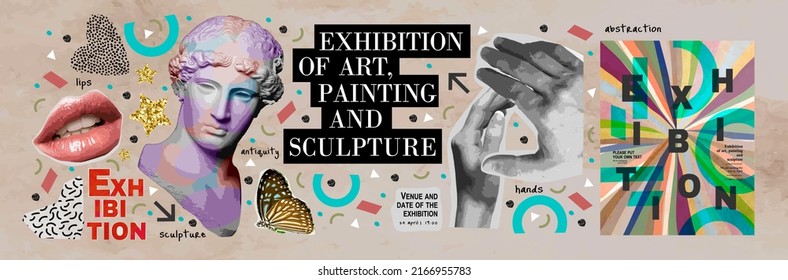 Exhibition of art, music, painting and sculpture. Abstract vector illustrations and objects for poster, banner or magazine background, flyer or cover