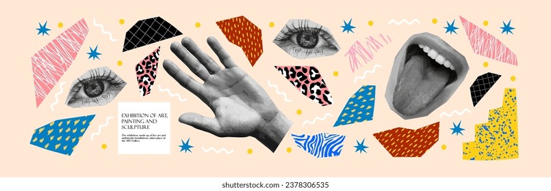 Exhibition of art, music, painting and sculpture. Abstract vector illustrations and objects for poster, banner or magazine background, flyer or cover	