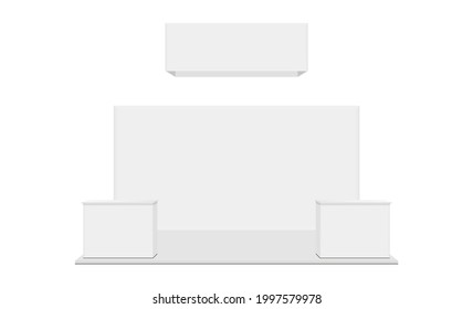 Exhibition Booth with Hanging Banner and Demonstration Tables, Isolated on White Background, Front View. Vector Illustration